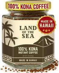 Land of the Sea jar front view showing premium Kona instant coffee and convenience