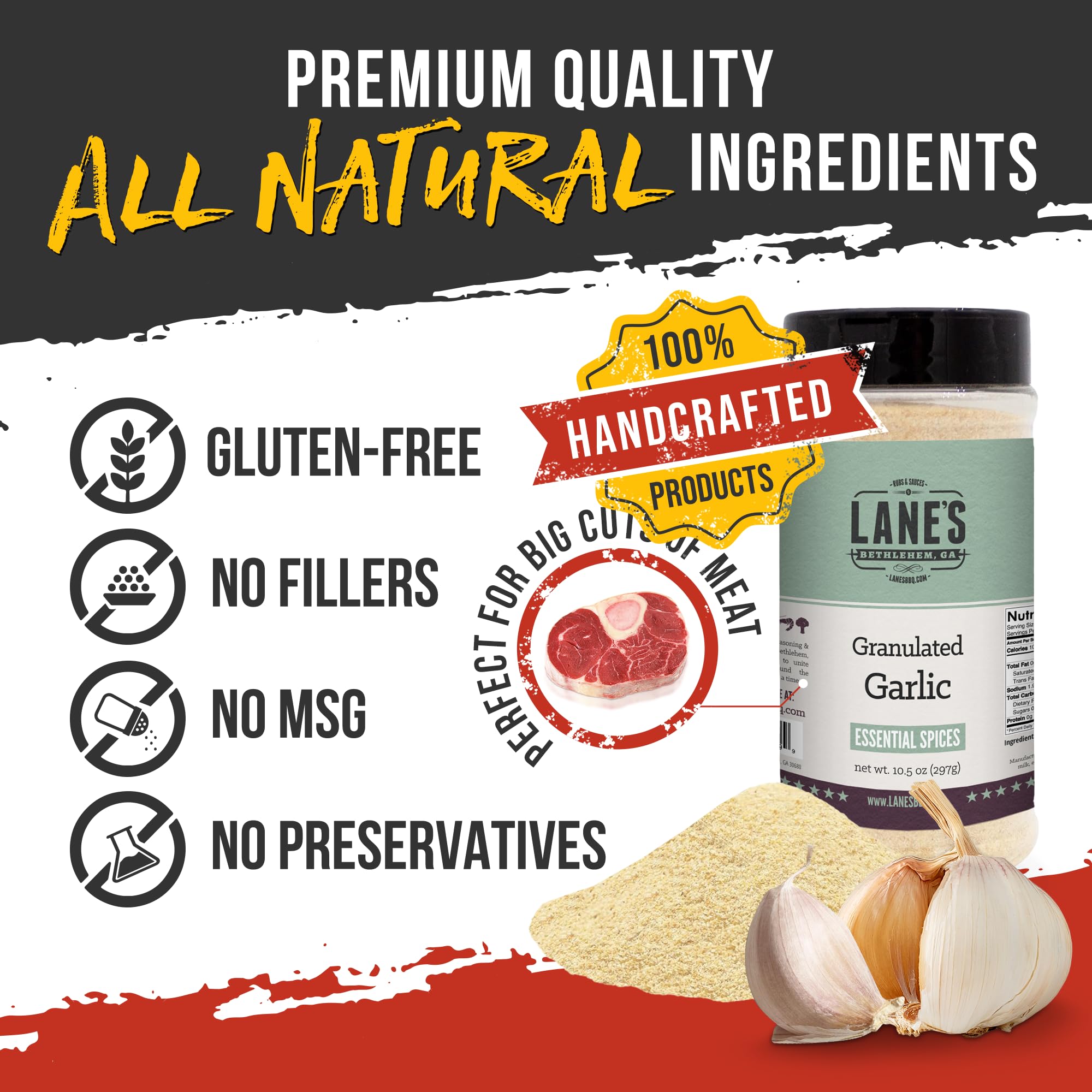 Close-up of Lane's garlic granules texture, demonstrates even seasoning distribution