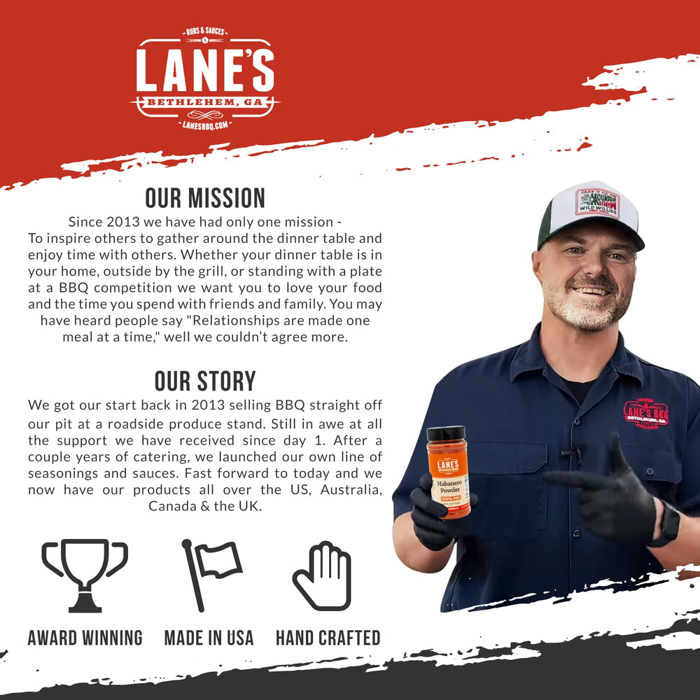Lane's jar beside grilled ribs illustrating bold heat for barbecue flavor