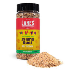 Lane's front packaging showing Island Dust rub and clear benefit of tropical flavor
