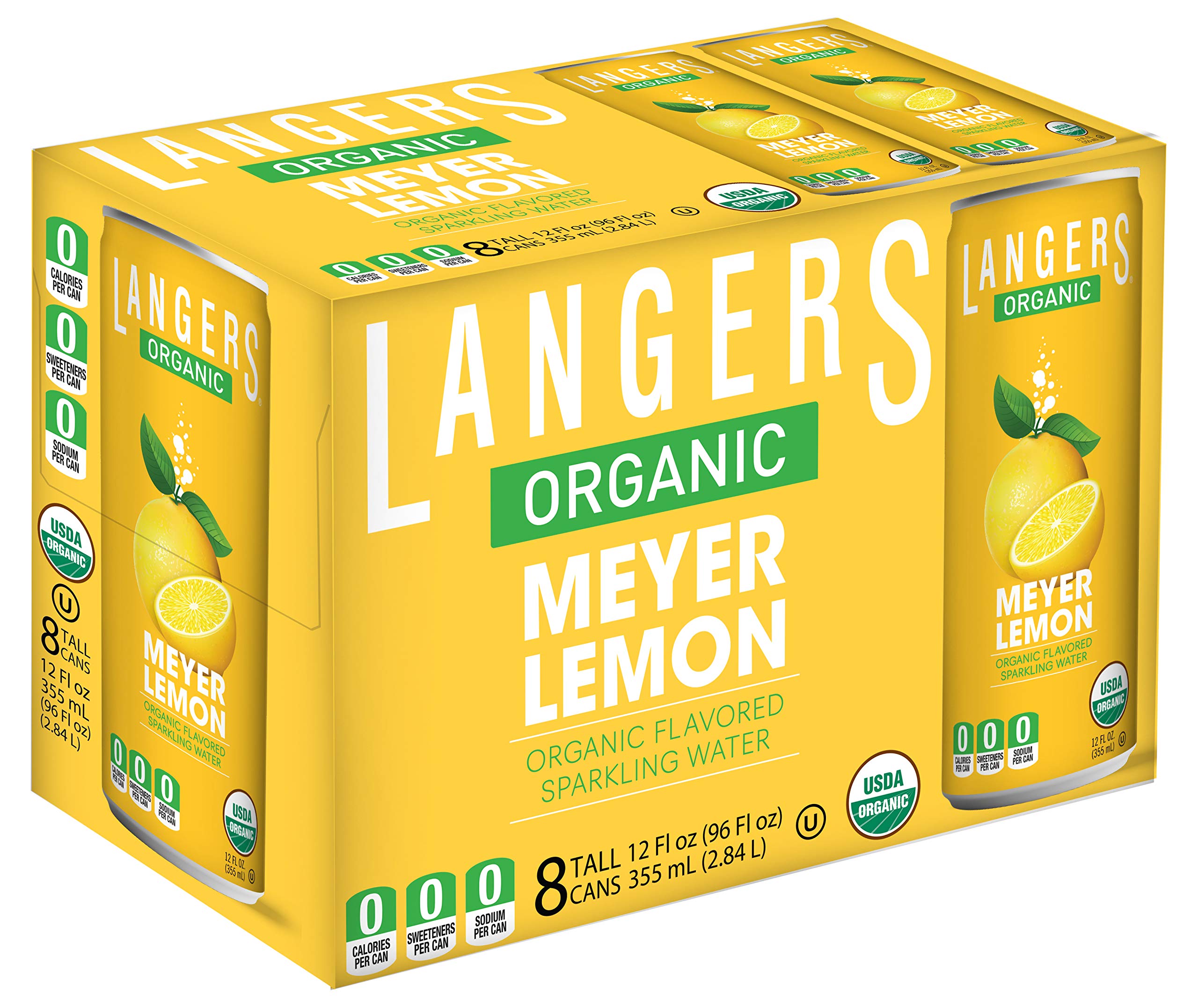 Langers Meyer Lemon front packaging showing eight 12 fl oz cans for convenience