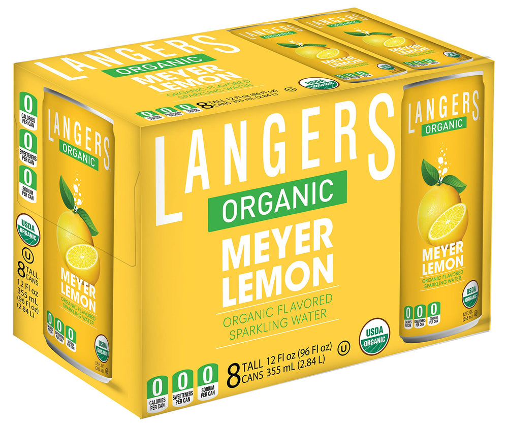 Langers Meyer Lemon front packaging showing eight 12 fl oz cans for convenience
