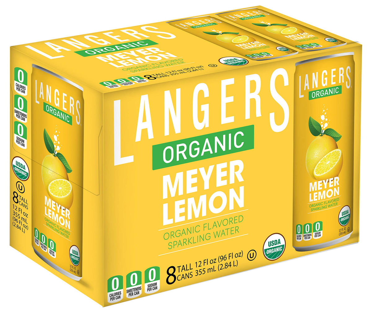 Langers Meyer Lemon front packaging showing eight 12 fl oz cans for convenience