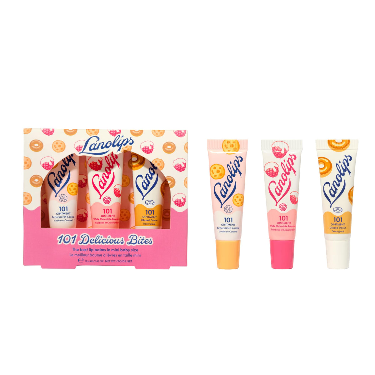 Lanolips gift set front view showing three mini tins, great for gifting