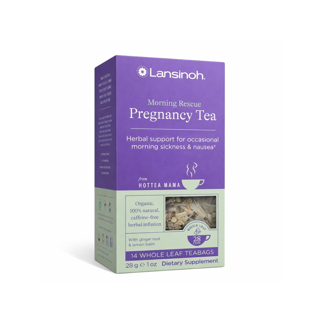 Lansinoh sachet box front view showing lemon and ginger relief benefits