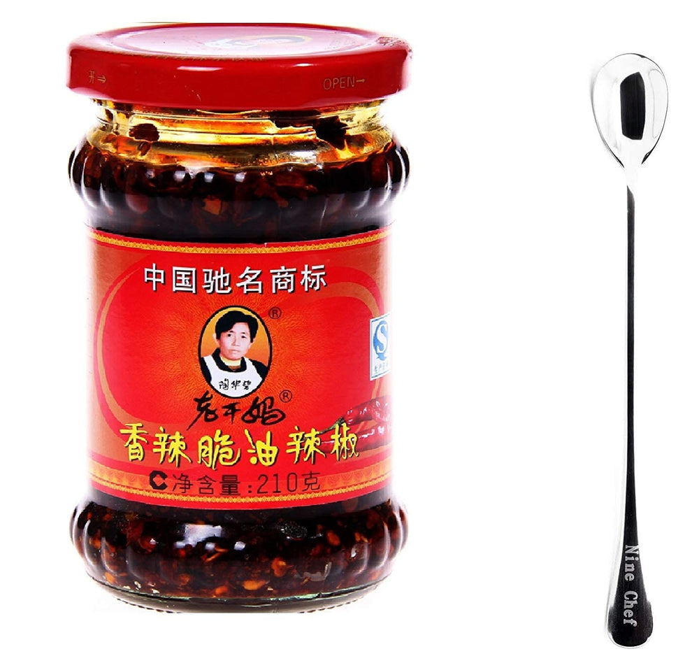 LAO GAN MA front jar view showing label and included NineChef spoon for easy serving