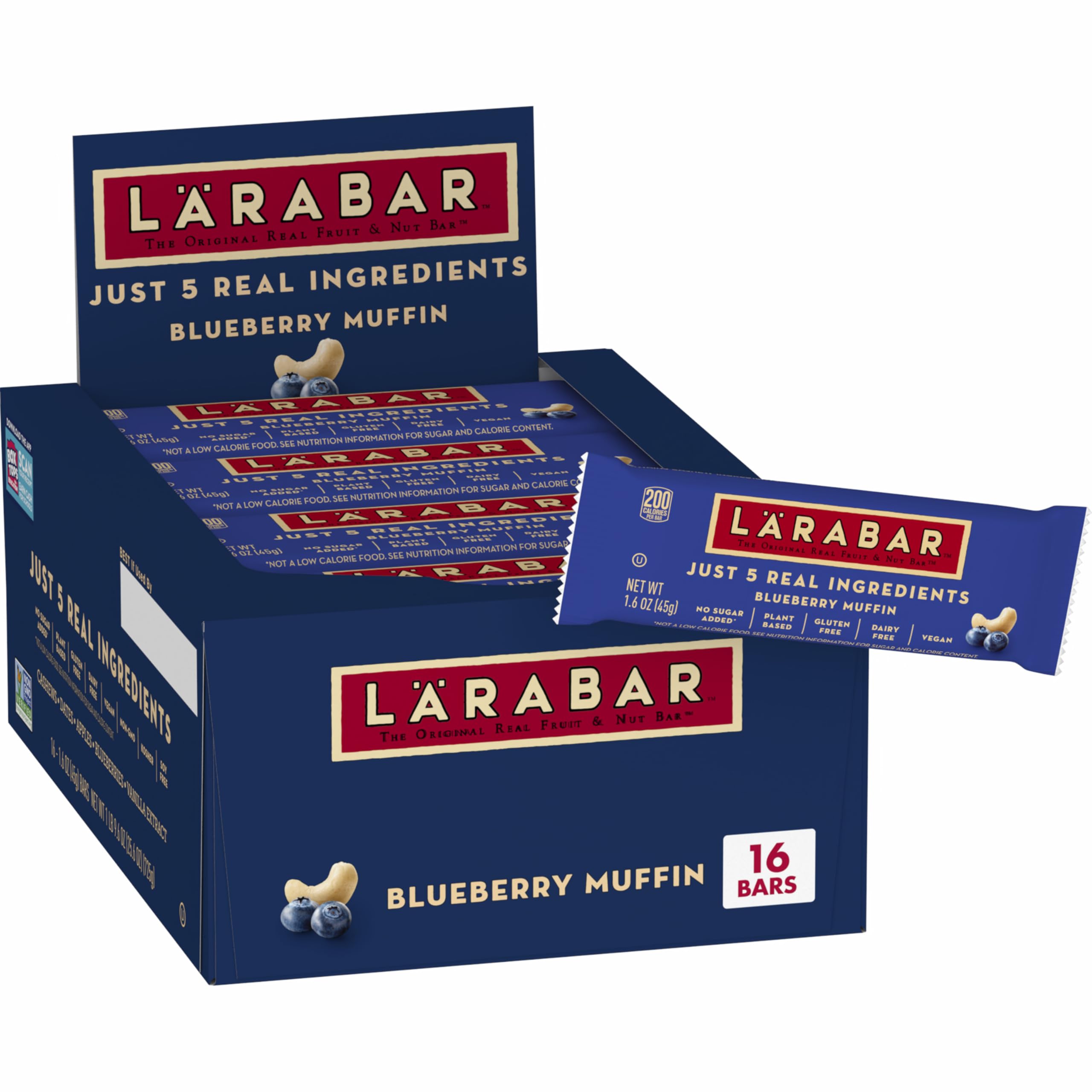 LÄRABAR front box showing 16-count blueberry muffin bars and benefits