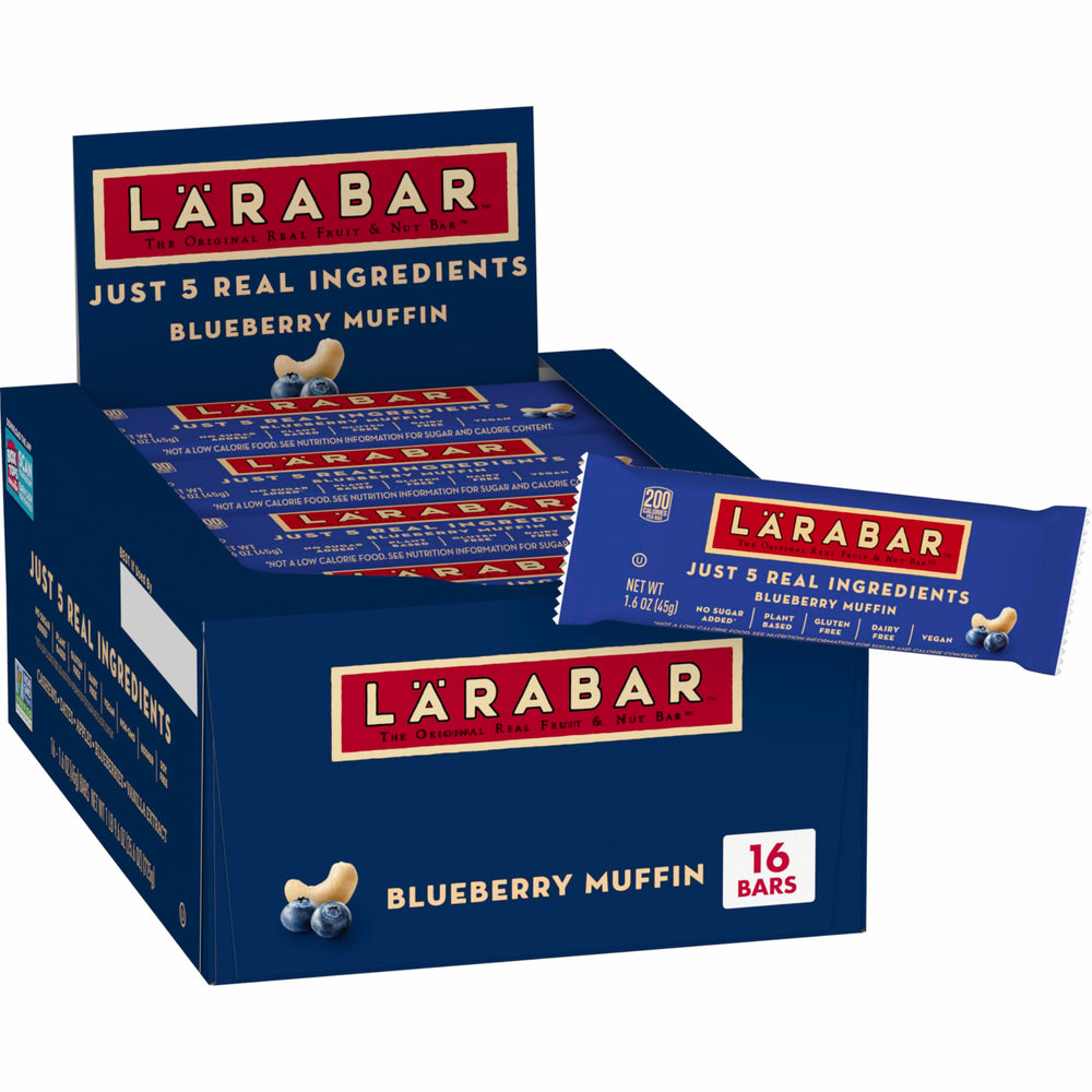LÄRABAR front box showing 16-count blueberry muffin bars and benefits