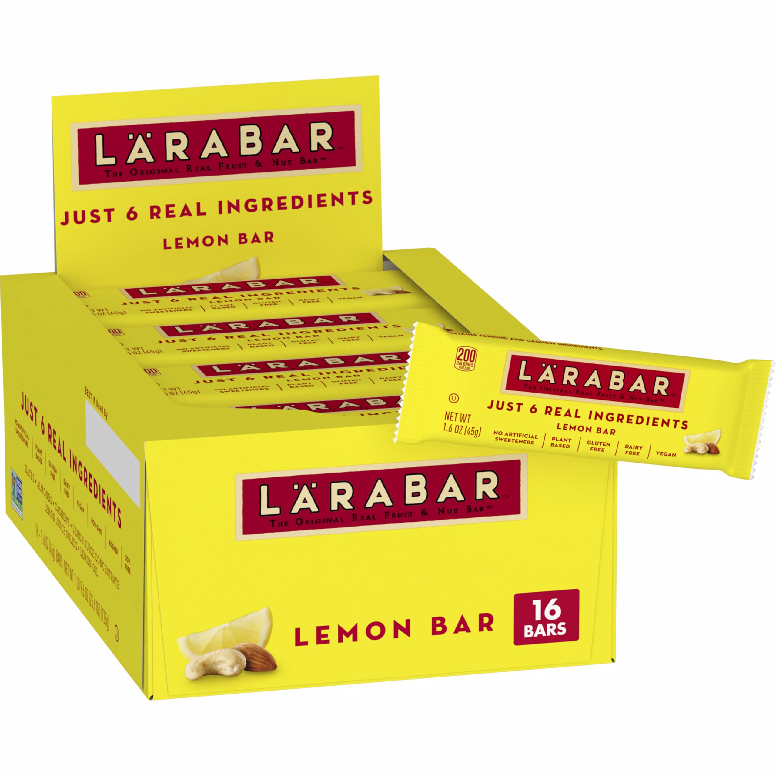 LÄRABAR front box showing 16-count packaging and lemon branding for easy storage
