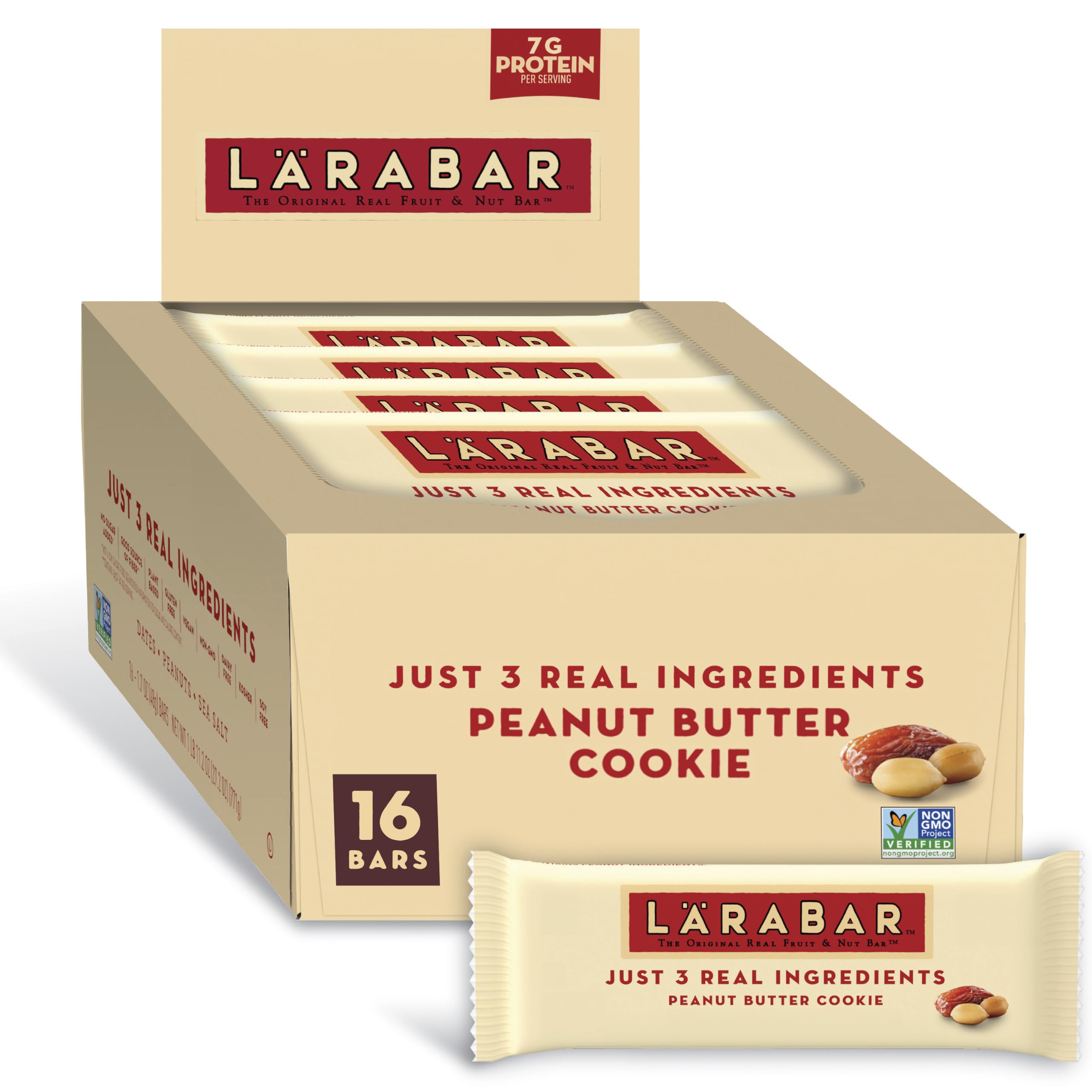 LÄRABAR front box showing 16-count Peanut Butter Cookie bars and convenience