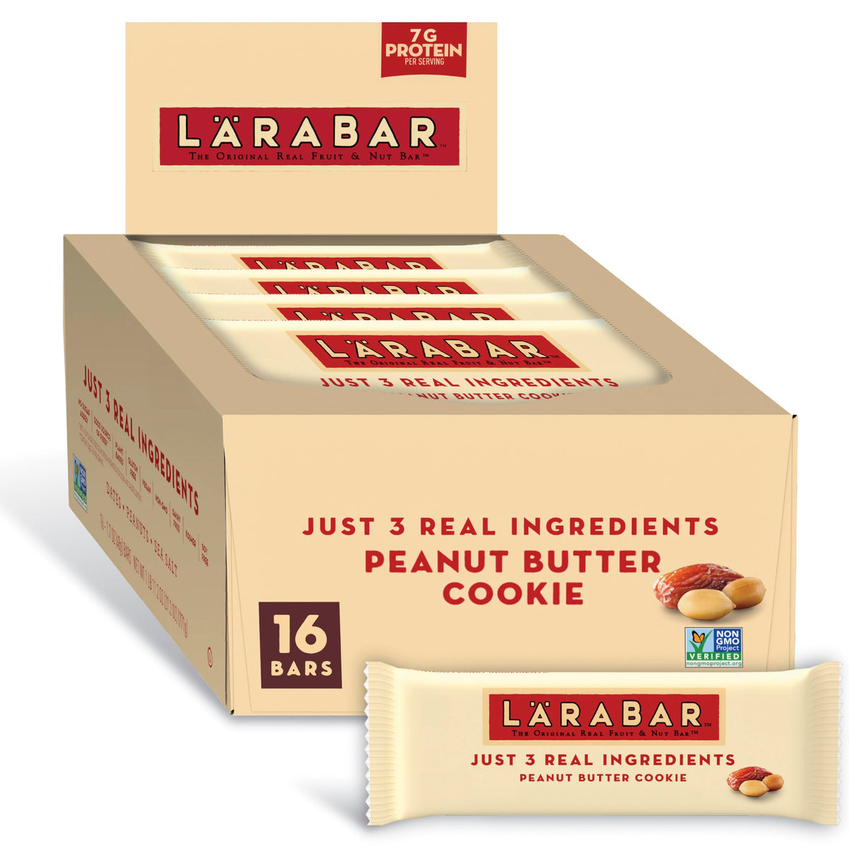 LÄRABAR front box showing 16-count Peanut Butter Cookie bars and convenience