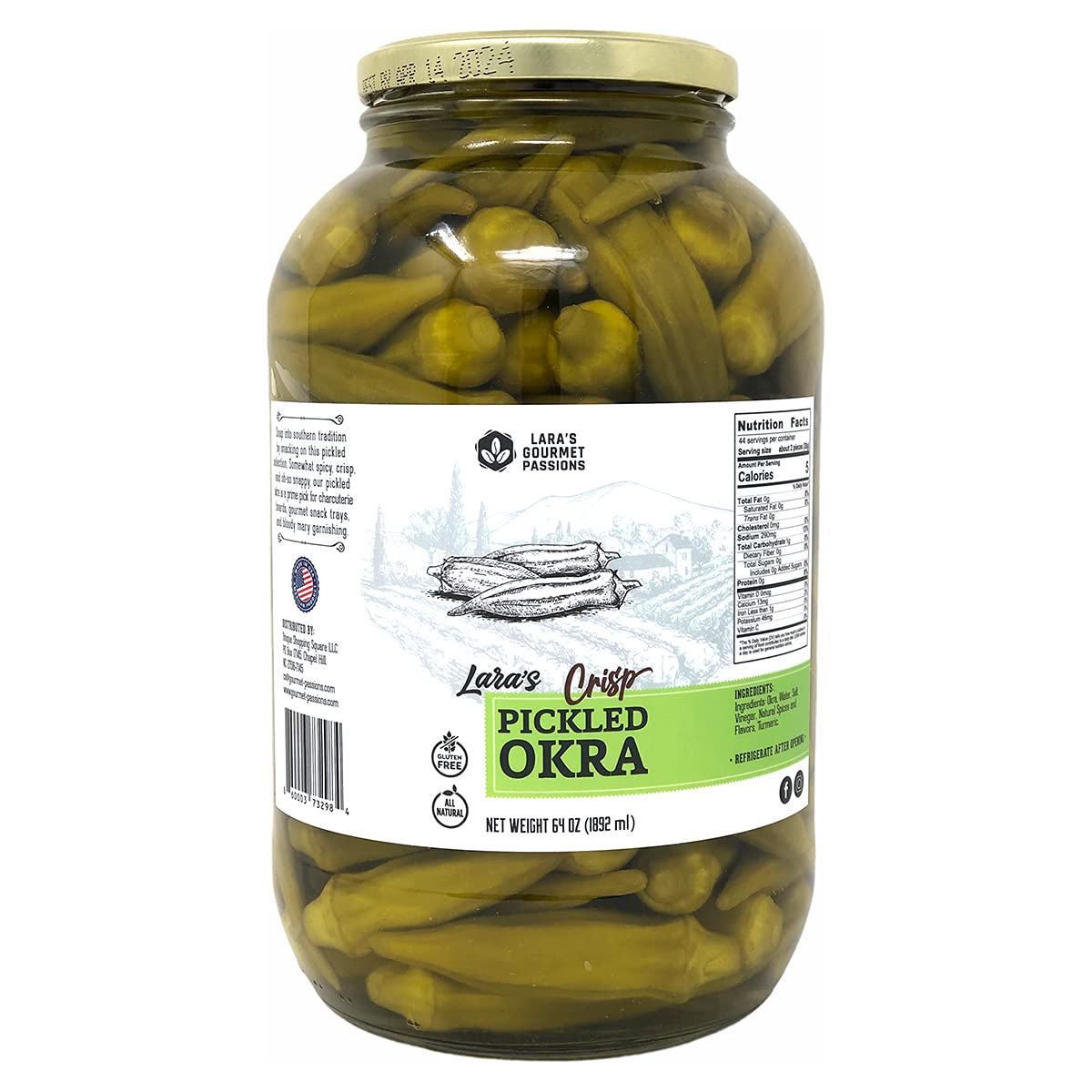 Lara's Gourmet Passions front jar showing crisp pickled okra and brand clarity