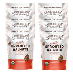 Lark Ellen Farm front packaging showing unsalted sprouted walnuts and resealable bag for freshness
