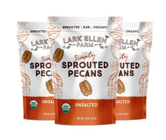 Lark Ellen Farm front package showing organic sprouted pecans, clear labeling and resealable bag for freshness
