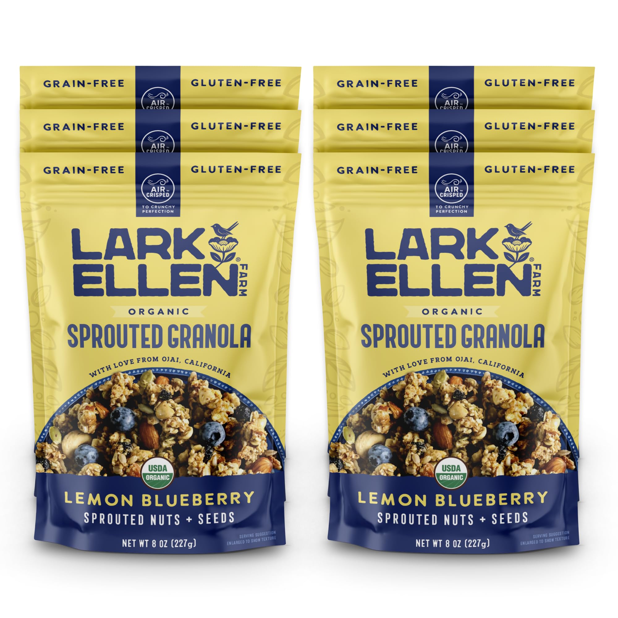 Lark Ellen Farm front packaging showing lemon blueberry granola and organic badge