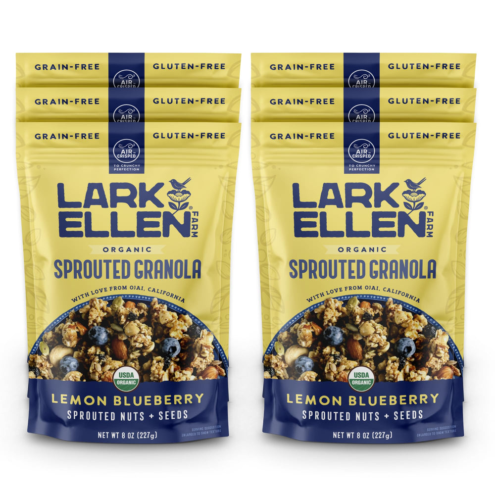Lark Ellen Farm front packaging showing lemon blueberry granola and organic badge