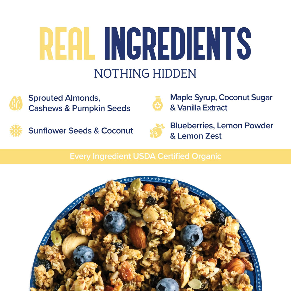 Lark Ellen Farm raw ingredients spread with lemon, blueberries, nuts, and seeds