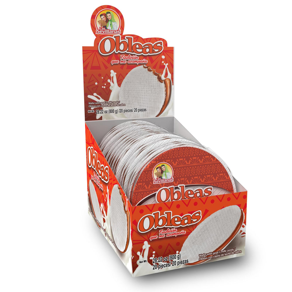 Las Sevillanas front display pack showing 20 individually wrapped obleas for easy sharing