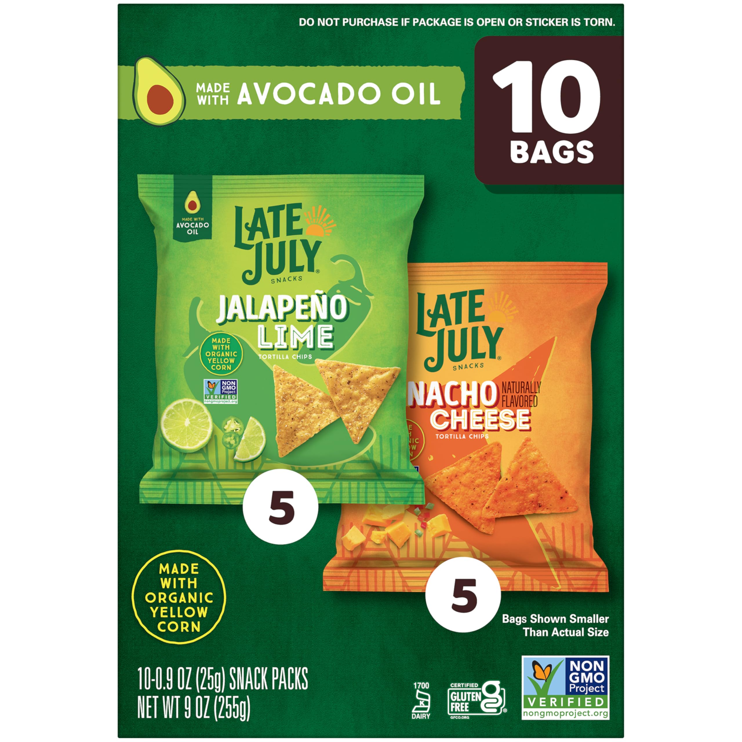 Label detail on Late July packaging, shows Non-GMO verification and avocado oil benefit