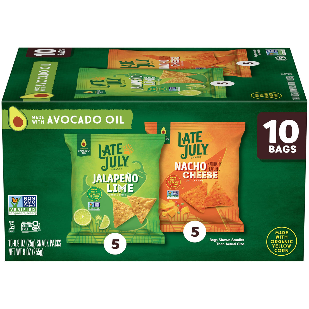 Late July variety pack front packaging showing two flavors and count, convenient portioning benefit