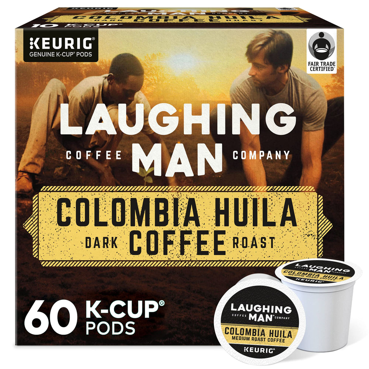 LAUGHING MAN front packaging showing 60-count K-Cup pods and benefits