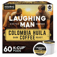 LAUGHING MAN front packaging showing 60-count K-Cup pods and benefits