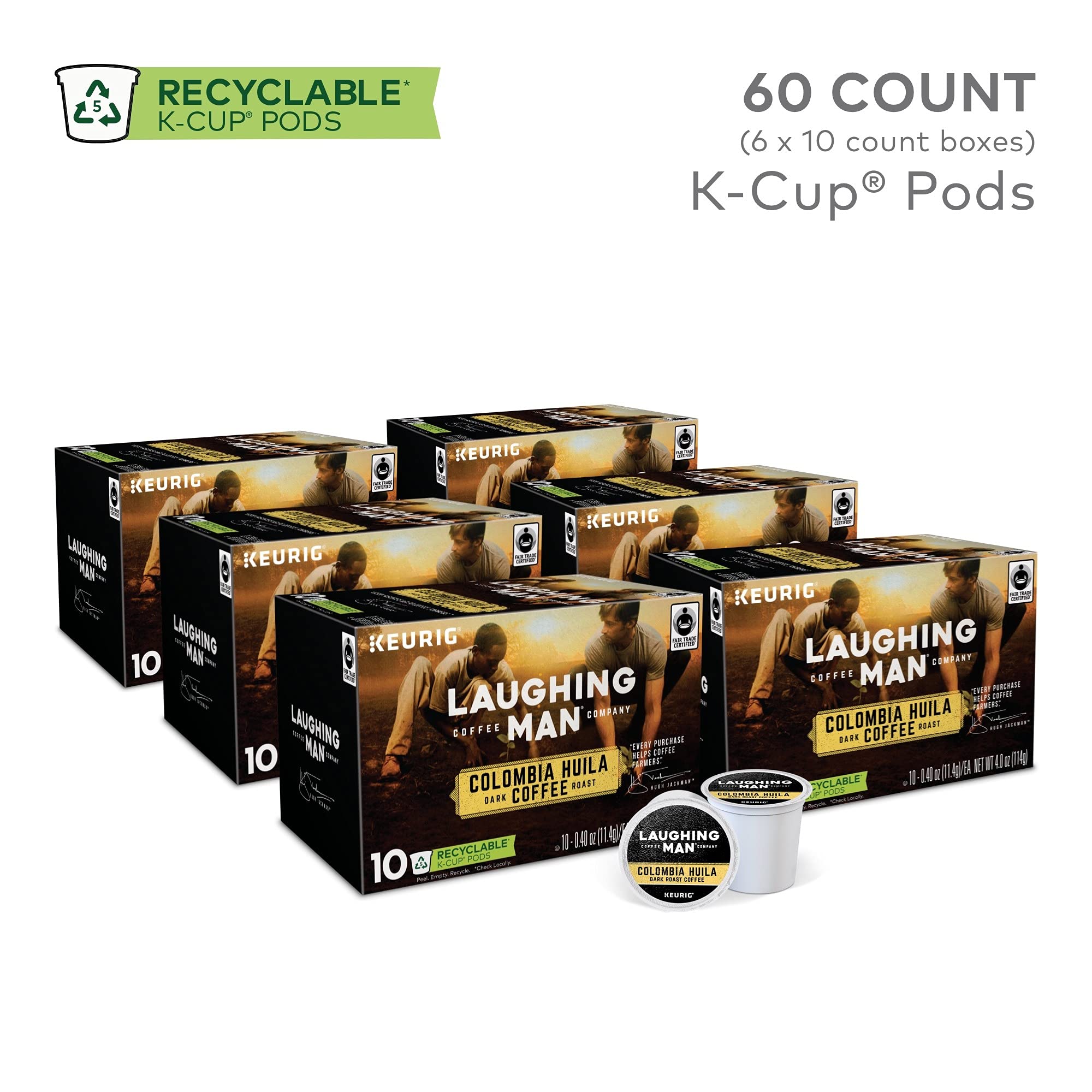 LAUGHING MAN close-up K-Cup top view highlighting recyclable pod design