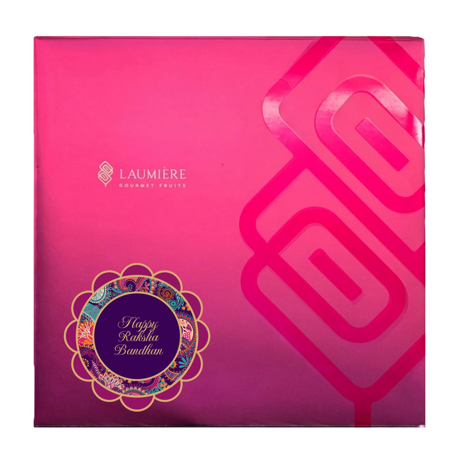 Laumière Gourmet Fruits open box overhead view displaying sweets and rakhis benefit clear contents