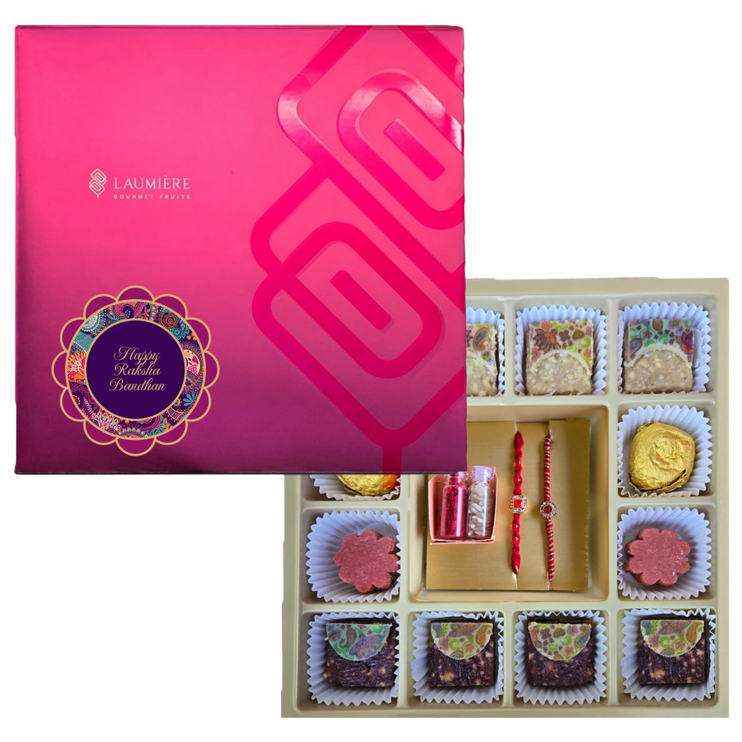 Laumière Gourmet Fruits close-up of two brother rakhis highlighting craftsmanship and keepsake value