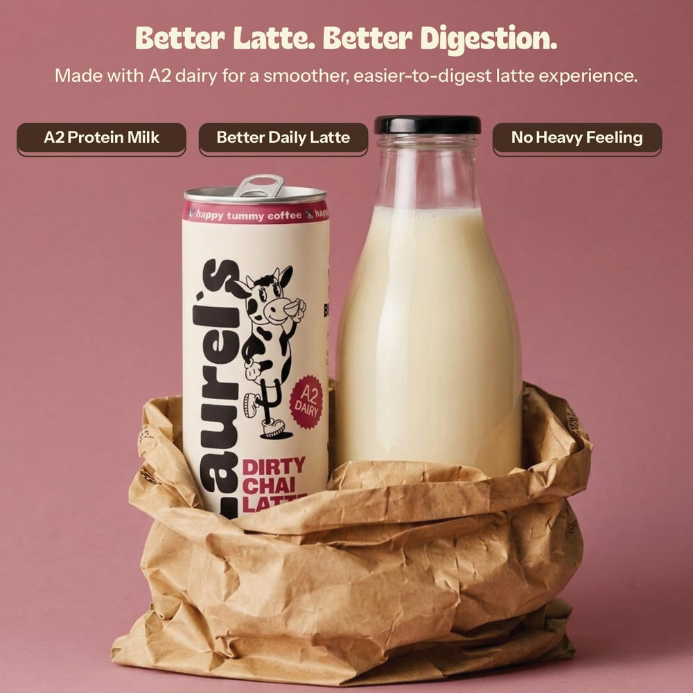 Laurel's ingredients spread with coffee beans, chai spices, and milk benefits