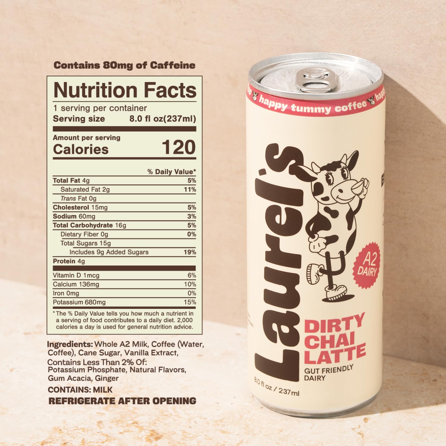 Label close-up highlighting Laurel's organic A2 milk and clean ingredients
