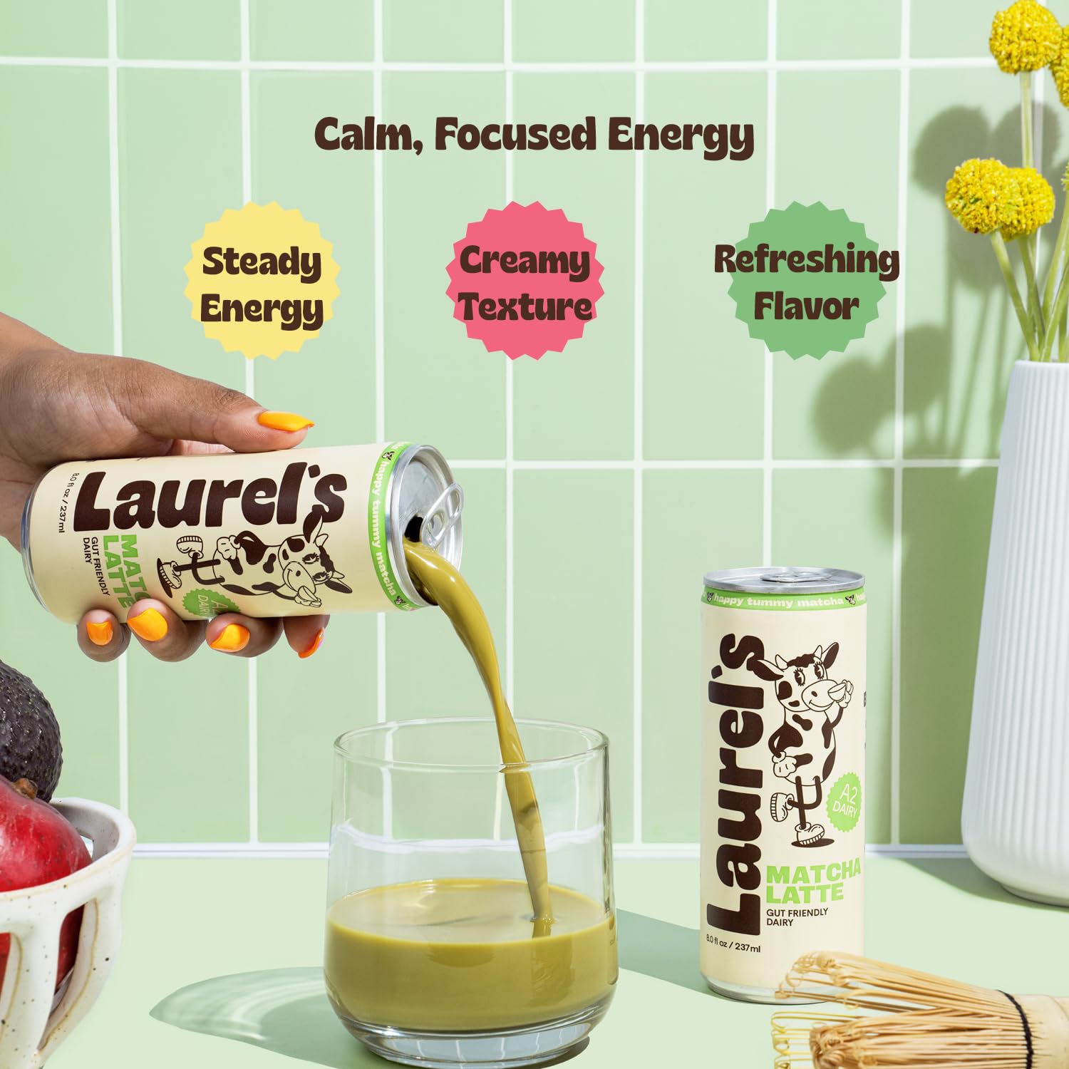 Laurel's poured iced matcha latte in glass showing creamy texture benefit
