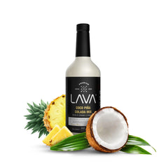 Closeup of LAVA label highlighting cream of coconut and real pineapple ingredients