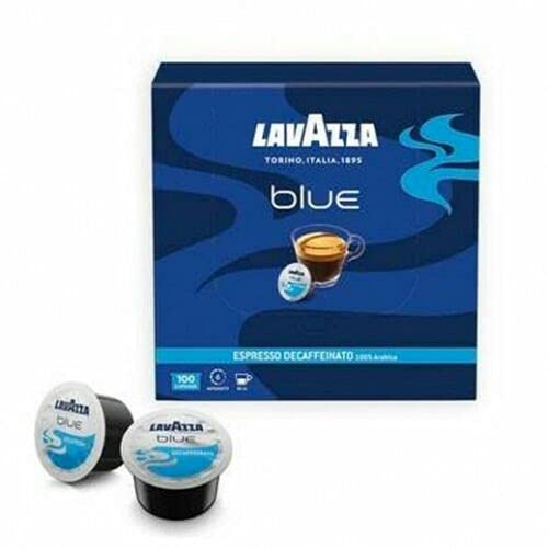 Lavazza BLUE capsule close-up highlighting 100% Arabica decaf and preserved aroma benefit
