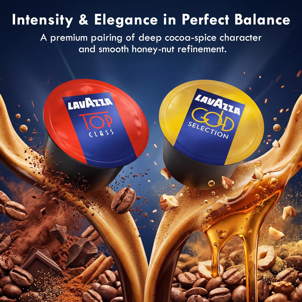 Lavazza four blend capsules arranged with labels illustrating variety benefit
