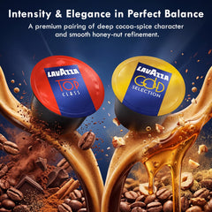 Lavazza four blend capsules arranged with labels illustrating variety benefit