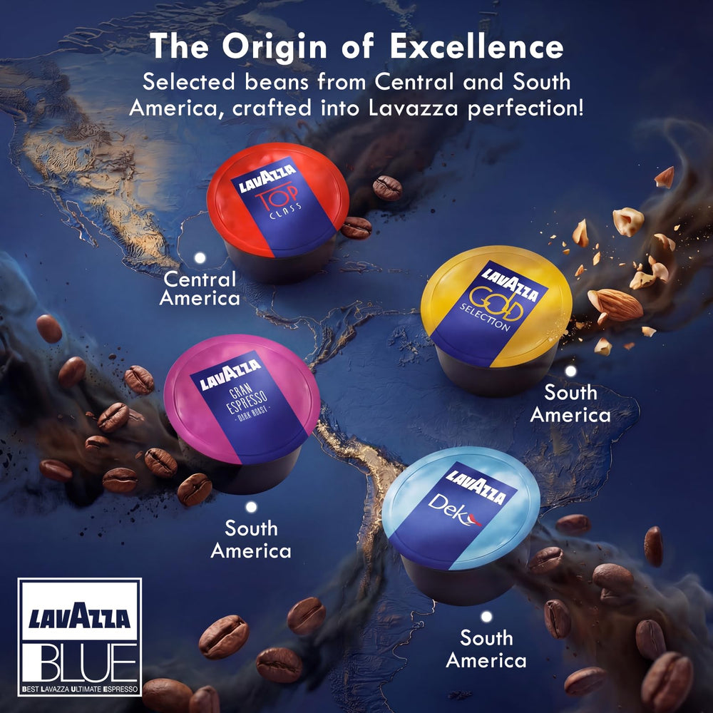 Lavazza capsule next to hand demonstrating scale and portion-controlled convenience benefit