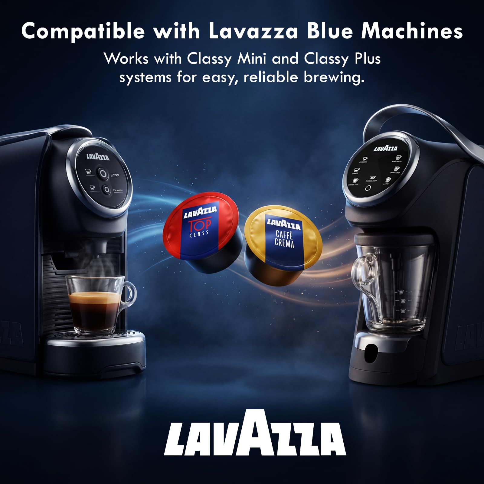 Shot of espresso pouring with crema from Lavazza capsule showing rich extraction
