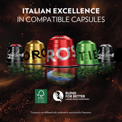 Lavazza capsules lined up to show consistent shape and quality