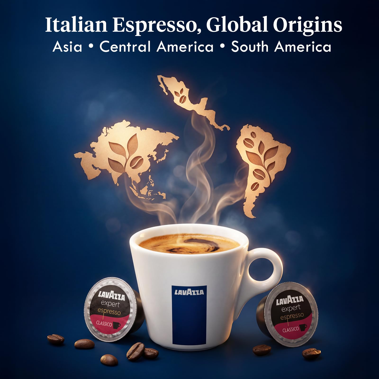 Illustration of Lavazza bean origin regions suggesting Central and South American Arabica benefits