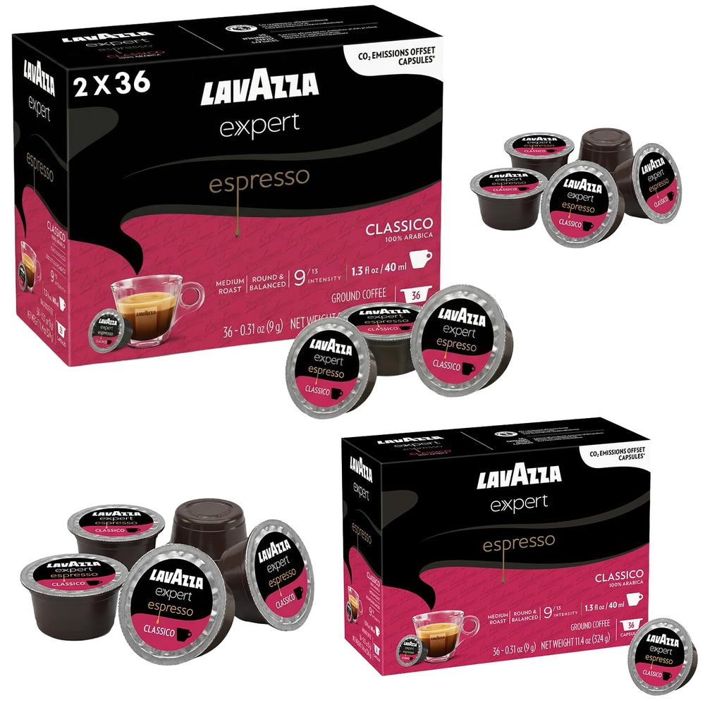 Lavazza packaging front view showing 72-count pods and clear branding for convenience