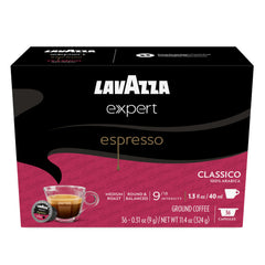 Lavazza front packaging showing box of 36 capsules and clear brand identity, convenient storage