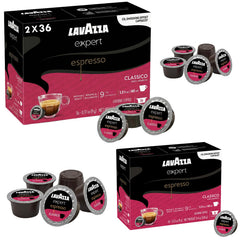 Lavazza packaging front view showing 72-count pods and clear branding for convenience