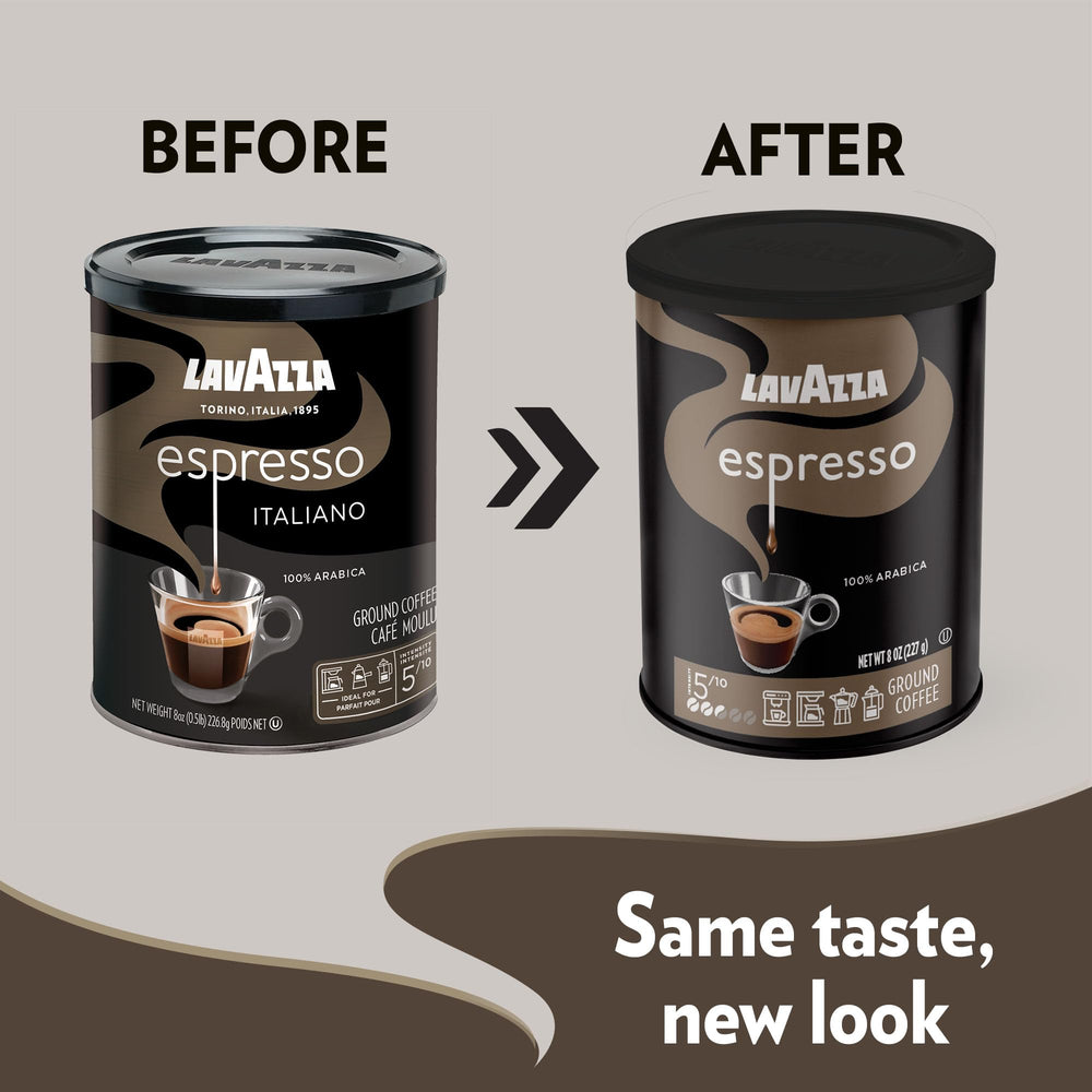 Lavazza can beside moka pot illustrating easy home espresso preparation