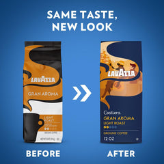 Lavazza Costiera close-up label highlighting roast level and 100% Arabica benefit