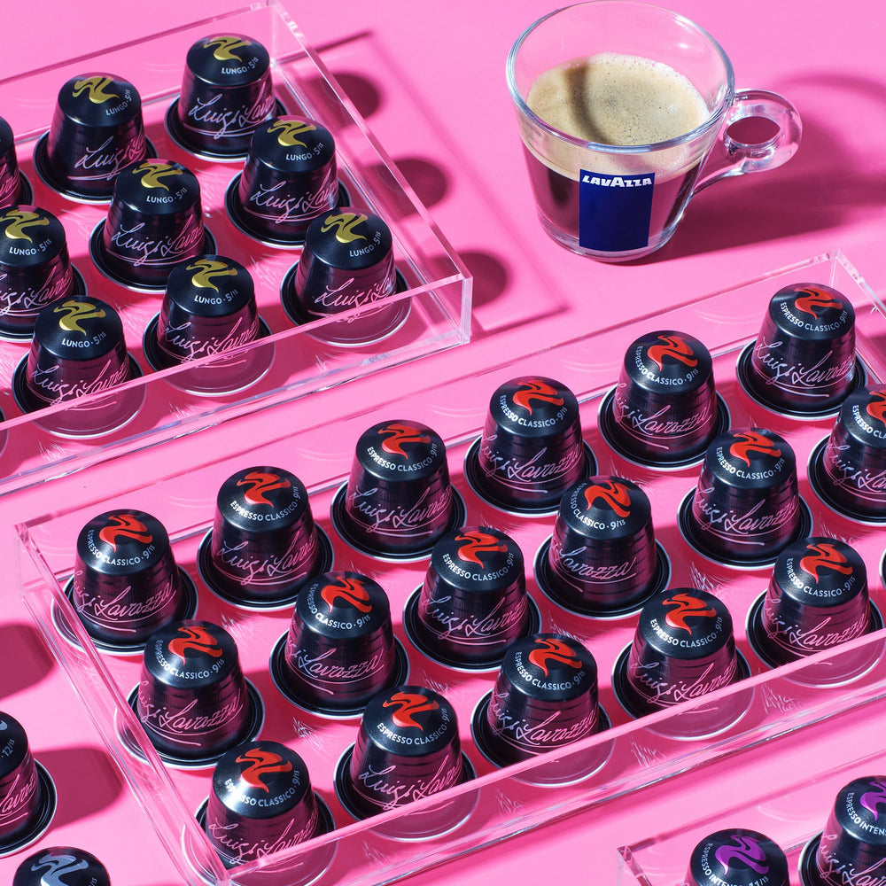 Lavazza Decaf capsules label visible indicating rich aroma without caffeine