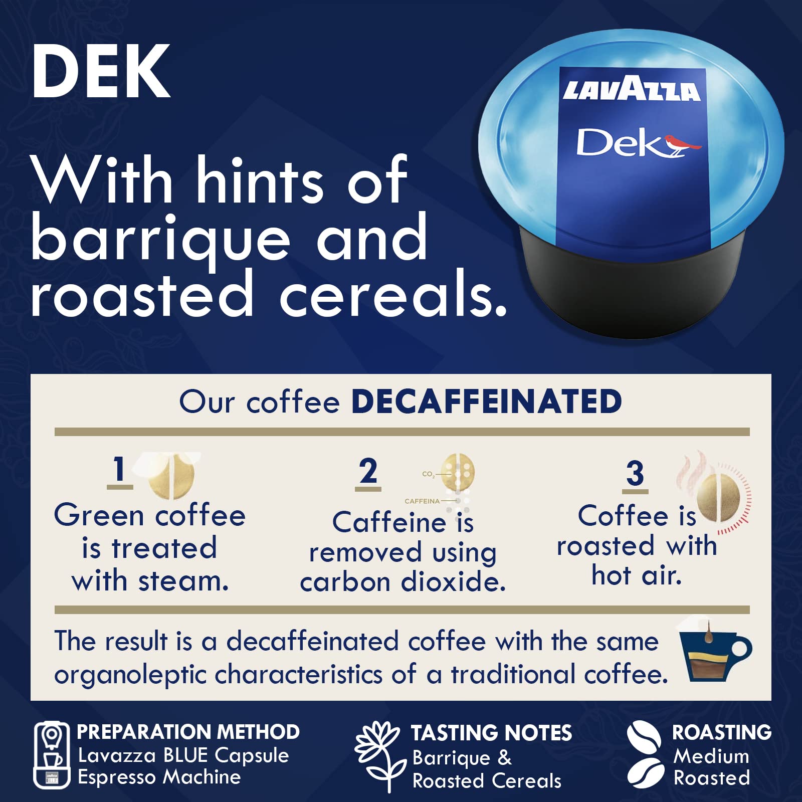 Lavazza Decaf Dek capsule label visible for caffeine-free option