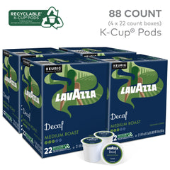 Open pack of 22 Lavazza Decaf pods displaying organized pods for freshness