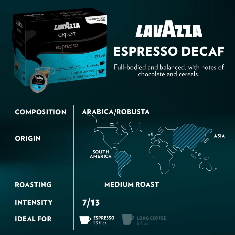 Lavazza decaf capsule highlighted to show caffeine alternative and evening-friendly option