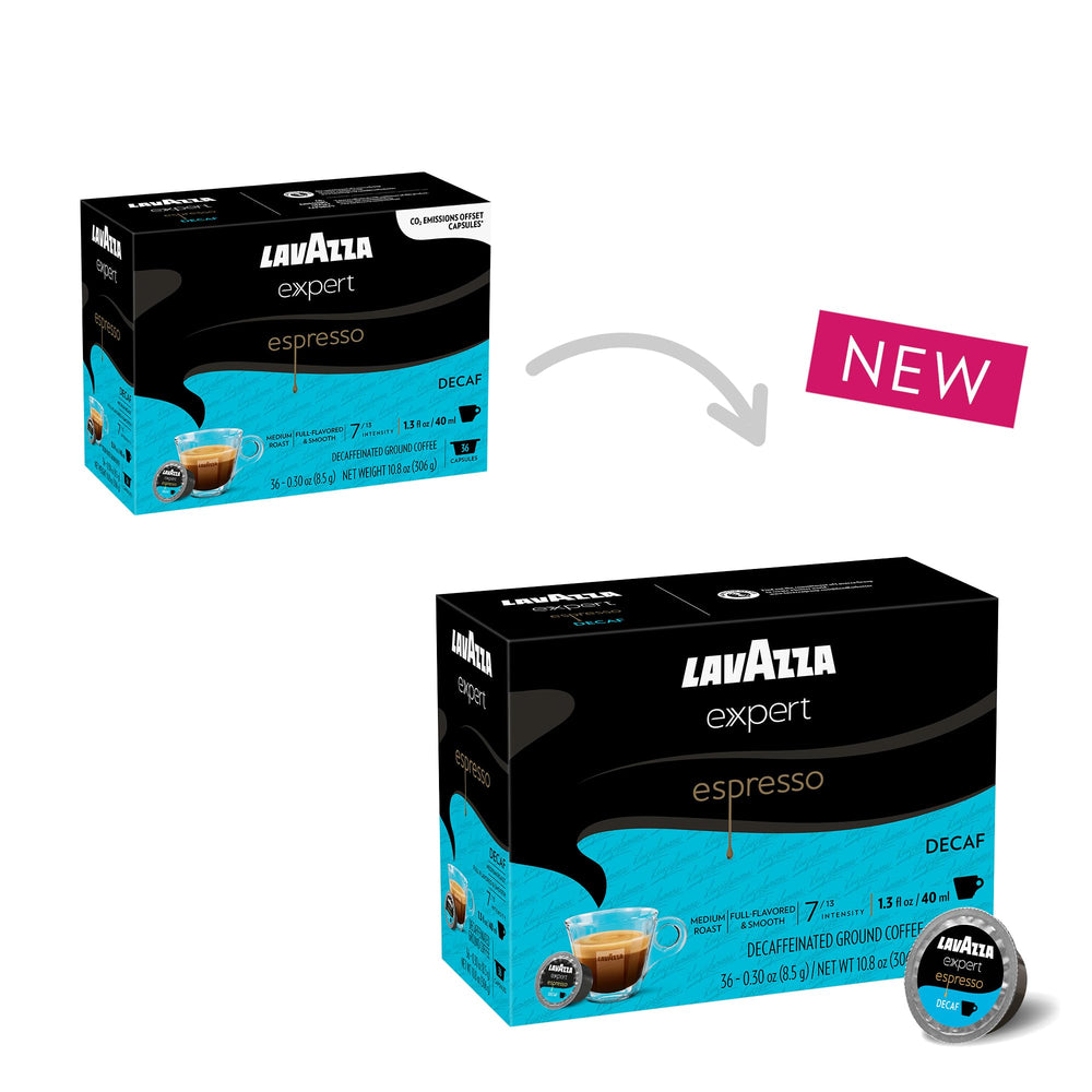 Close-up of a Lavazza capsule highlighting Expert design and easy insertion benefit